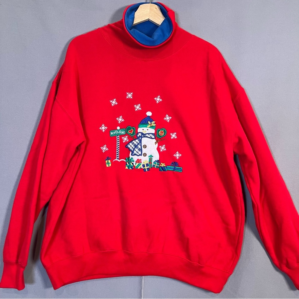 VTG Red Christmas Turtleneck Sweatshirt w/Embroidered Snowman szXL grannycore